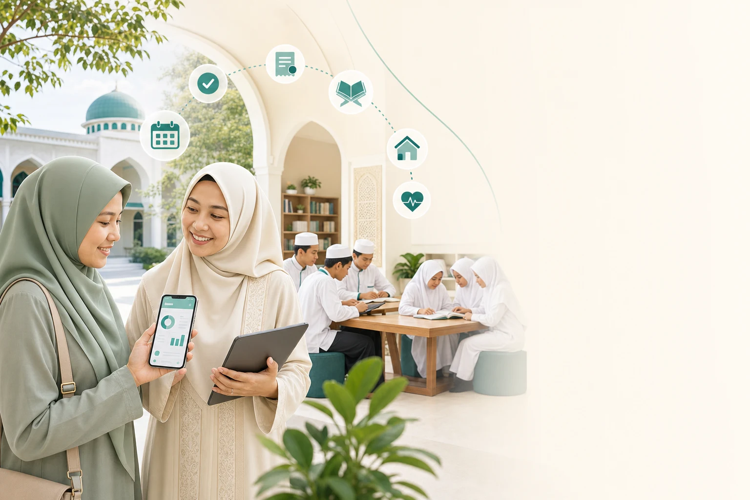Wali santri dan guru berhijab melihat perkembangan santri melalui portal digital