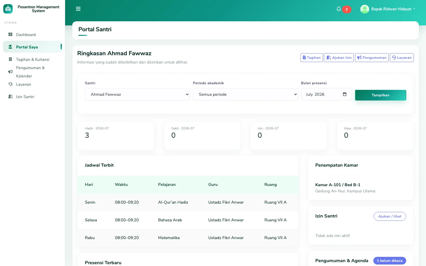Portal wali Pesantren Management System